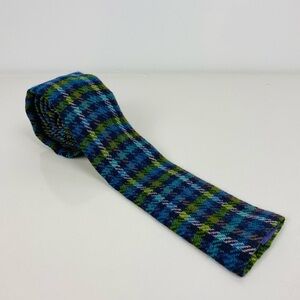 Vintage Rooster Square End Necktie, Blue Plaid Virgin Wool 3" Wide Tie